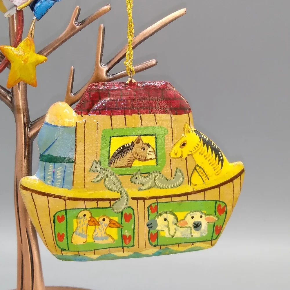 Christmas Tree Ornaments Wood Santa Glass Snowman Schoolboy Noah's Ark Set 5 Vtg